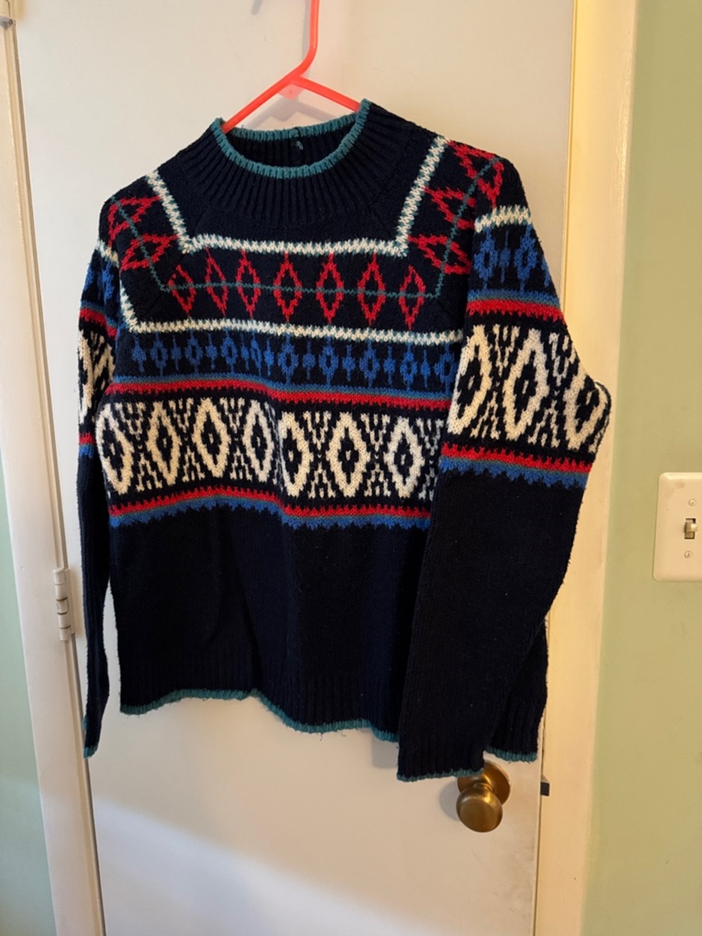 American Eagle Womens Navy Fair Isle Crewneck Sweater - Blue, Red & White